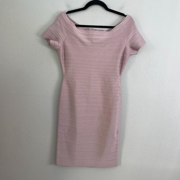 Herve Leger Womens Large Off Shoulder Bandage Dress Blush Pink Cocktail Party - Picture 8 of 12